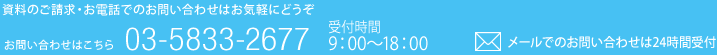 資料のご請求・お電話でのお問い合わせはお気軽にどうぞ 03-5833-2677 （ 受付時間 : 9:00～18:00 ）メールでのお問い合わせは24時間受付